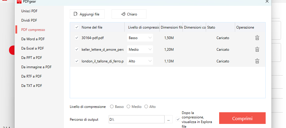 Comprimi ed Esporta PDF con PDFgear