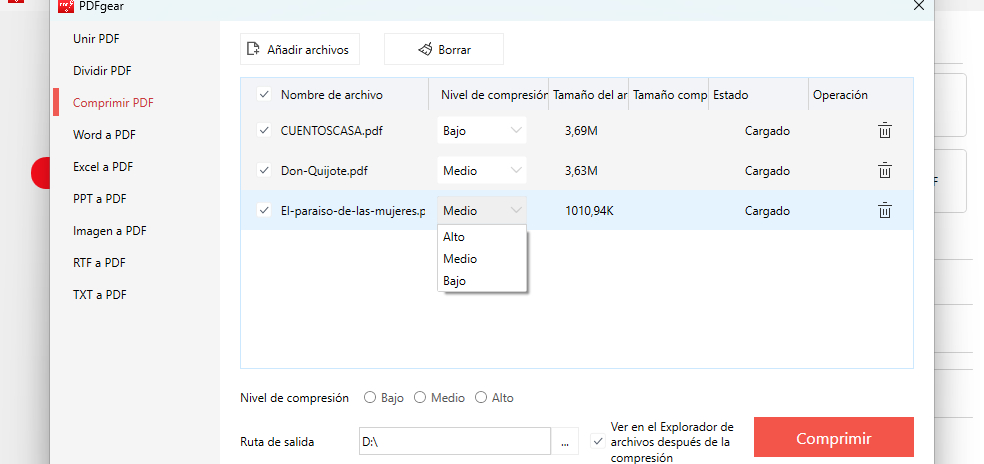 Comprime y exporta PDF con PDFgear