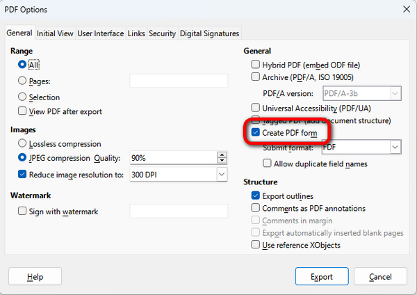 Check the Create PDF Form Option