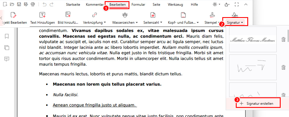 Wählen Sie die Option "Signatur erstellen" in PDFgear