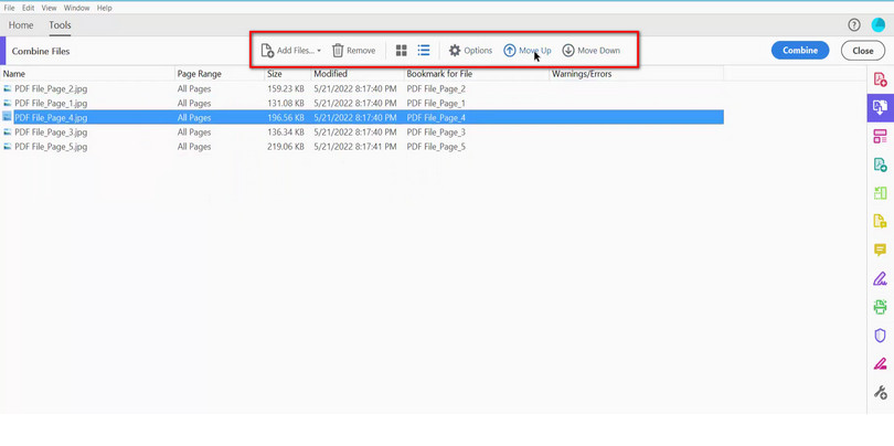 Options d'opérations sur les images importées