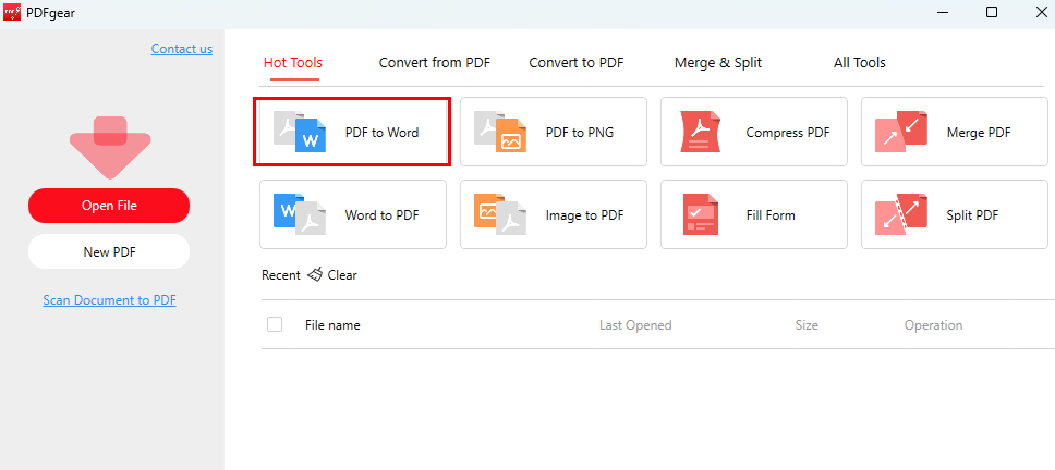 Find the PDF to Word Button