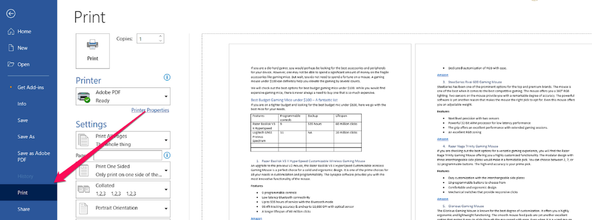 Go to Print Feature in Word