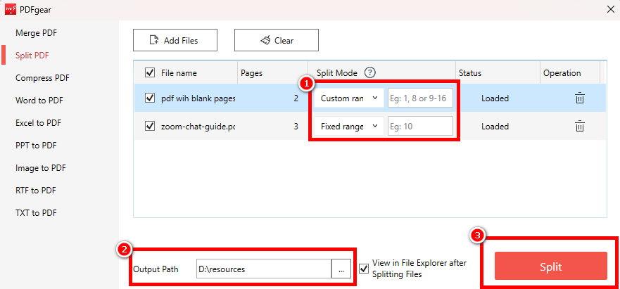 Split Files with PDFgear for Windows